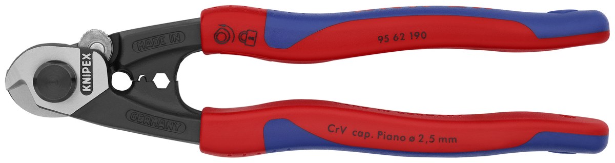 KNIPEX 95 62 190 Wire Rope Cutter forged 190 mm with multi-component handles burnished