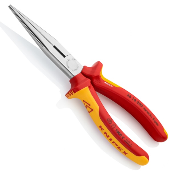 KNIPEX 26 16 200 Snipe Nose Side Cutting Pliers (Stork Beak Pliers) 200 mm chrome-plated insulated with multi-component grips, VDE-tested chrome-plated